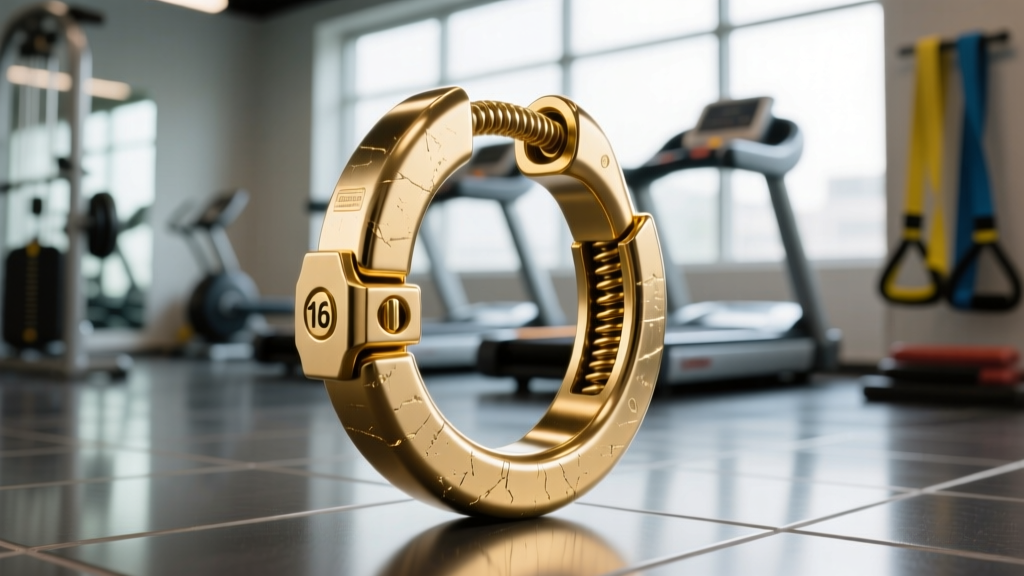 Macro shot of a 16-gauge gold PVD titanium saddleback hoop closure, showing the secure latch against a blurred gym backdrop.