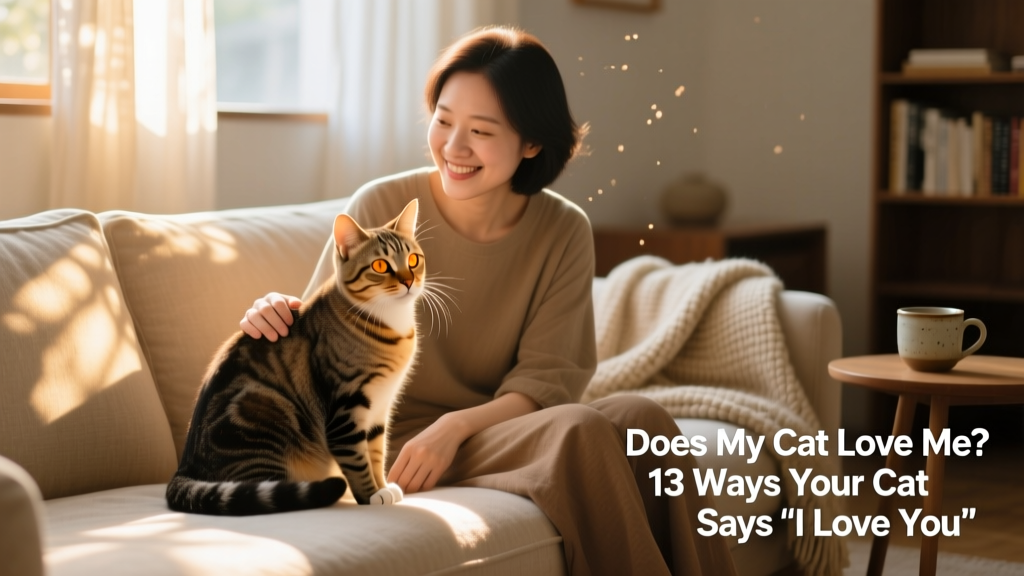 A relaxed cat making slow eye contact with its human, both sitting peacefully on a sunlit couch