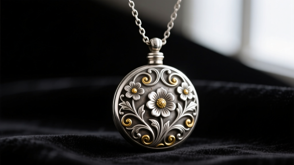 Close-up of an ornate Victorian sterling silver antique perfume necklace pendant with floral repoussé on dark velvet