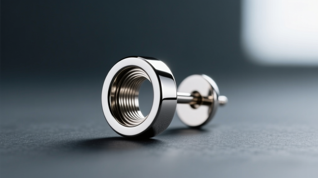 Macro view of a titanium flat back earring post, showing a mirror-polished finish and internal threading against dark slate.