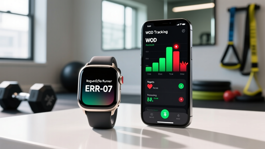 Digital display of a Rogue Echo Runner showing a Bluetooth error code next to a smartphone running the WOD tracking app