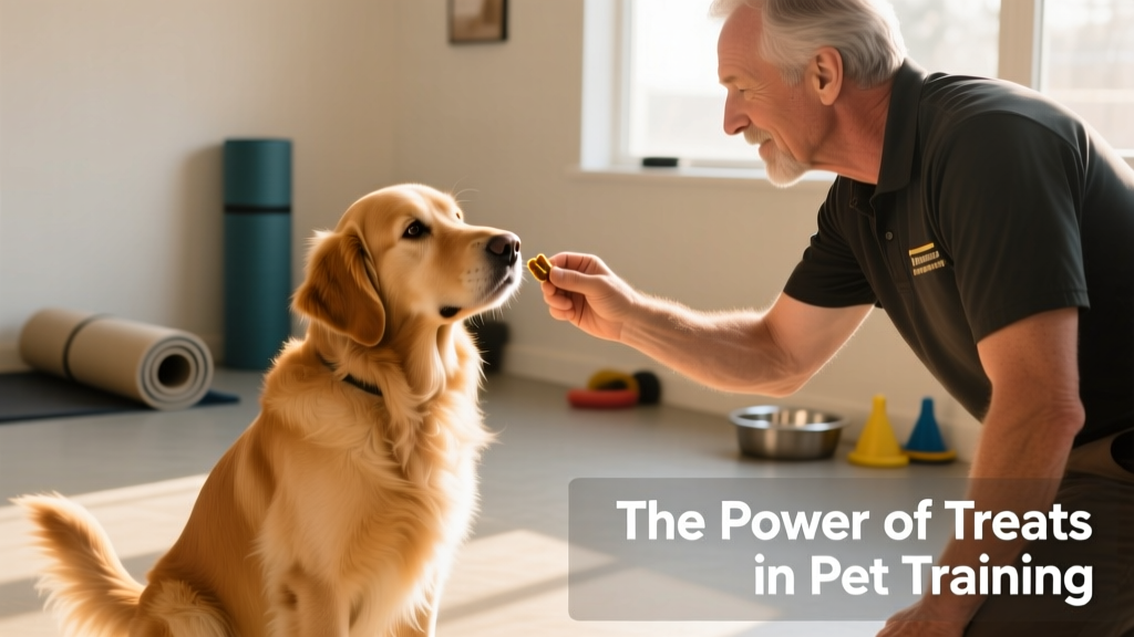 A trainer rewarding a dog with a small treat during a 'sit' command session