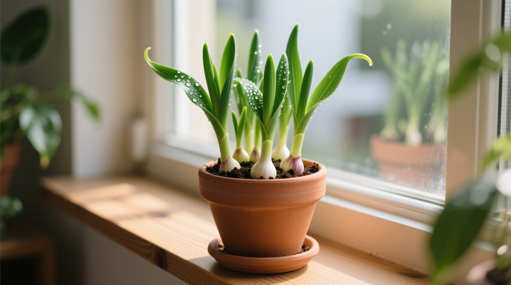 Indoor garlic plant growing in container with green shoots