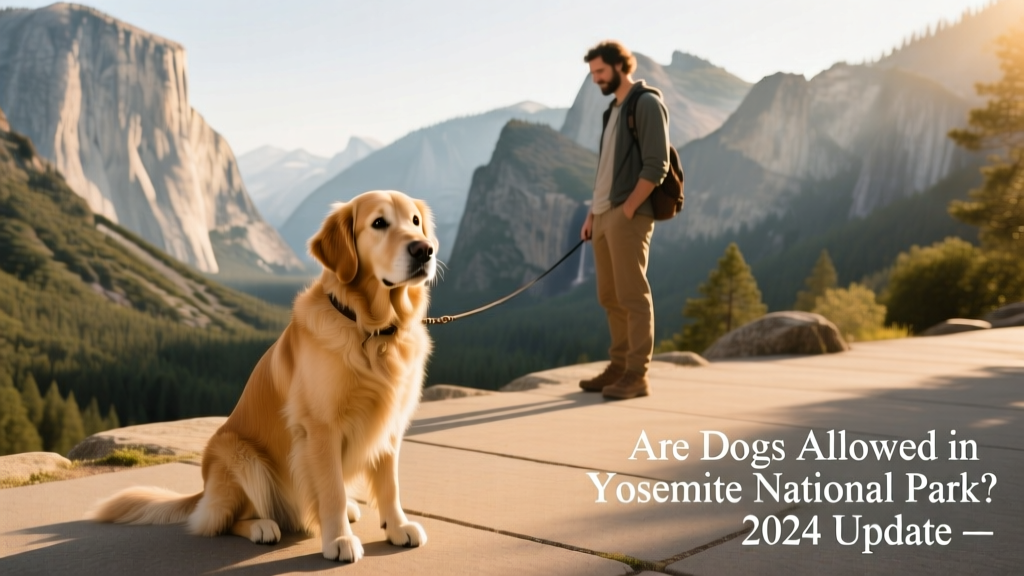 A well-behaved dog sitting calmly on a paved viewpoint overlooking Yosemite Valley, with its owner nearby