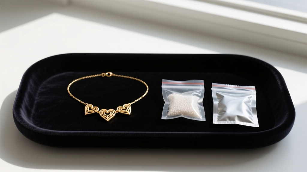 Dark velvet tray showing a three heart necklace laid flat next to anti-tarnish silica packets and a sealed ziplock bag.