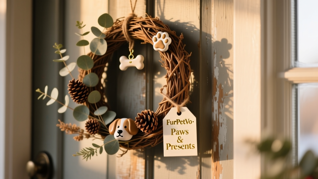 Finished pet-inspired wreath hanging on a front door beside a small FurPetVo-branded holiday tag