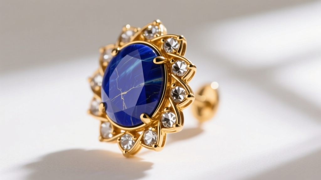 Macro shot of traditional Kundan stone setting on a Kashmiri earring, showing gold foil edges and polished lapis lazuli surface.