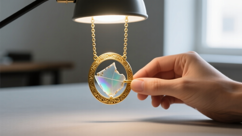 Jeweler inspecting a Roman glass shard set in a custom 14k gold bezel with a reinforced 2mm rolo chain under bright workshop lamp