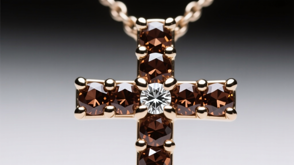 Macro photography of micro-pave diamond prongs on a chocolate diamond cross necklace showing secure metal beads holding stones.