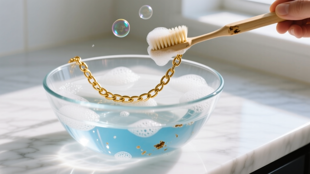 Glass bowl with soapy water and soft toothbrush cleaning a tarnished gold chain necklace on a bright white marble countertop
