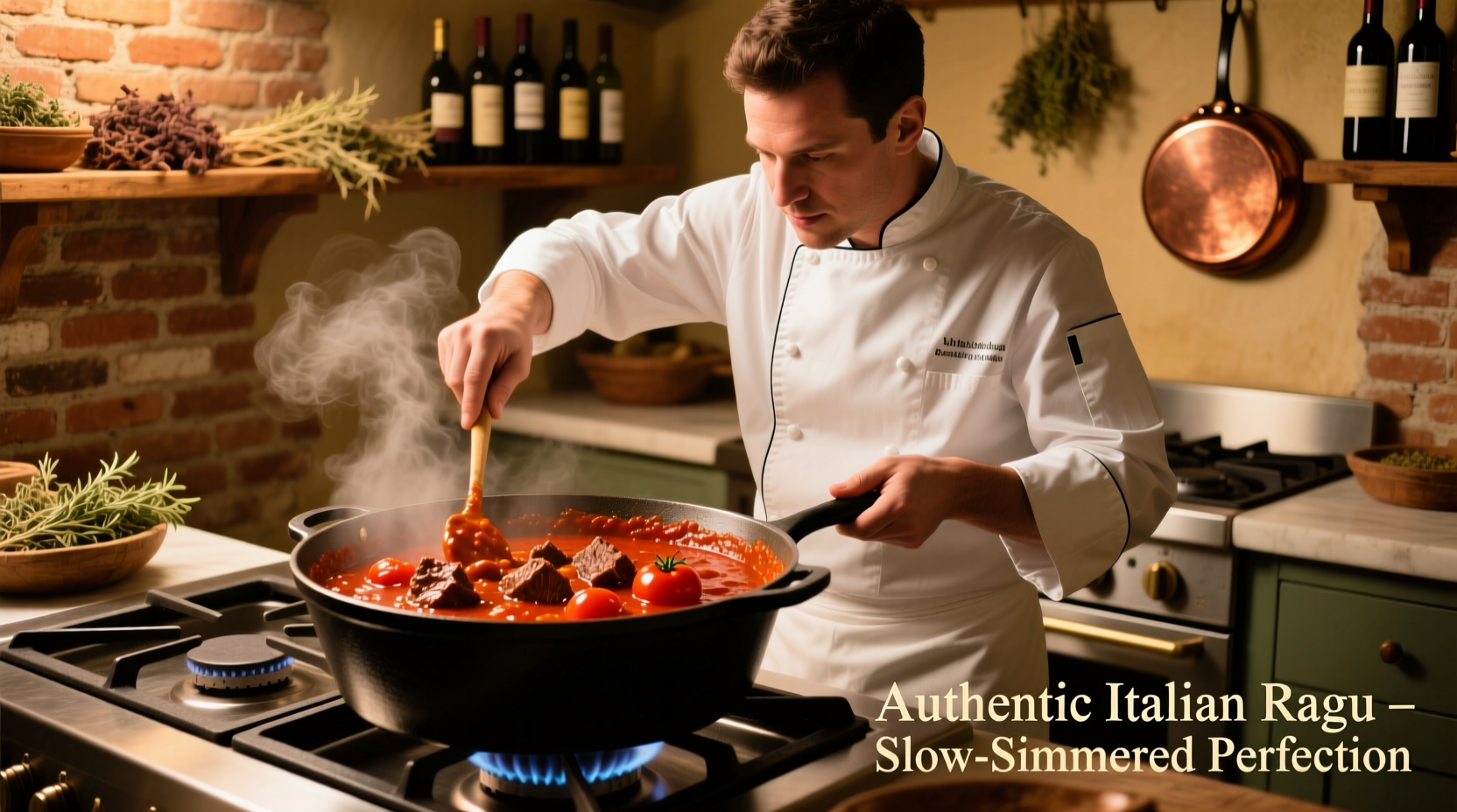 Chef preparing tomato beef ragu in cast iron pot