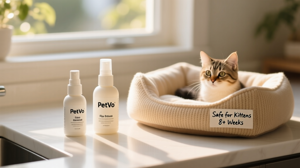 FurPetVo branded kitten-safe flea treatment bottle and spray bottle displayed on a clean countertop next to a soft kitten bed