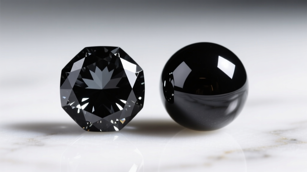 Extreme close-up macro shot comparing a faceted black spinel bead and a smooth round black obsidian bead on white marble surface.
