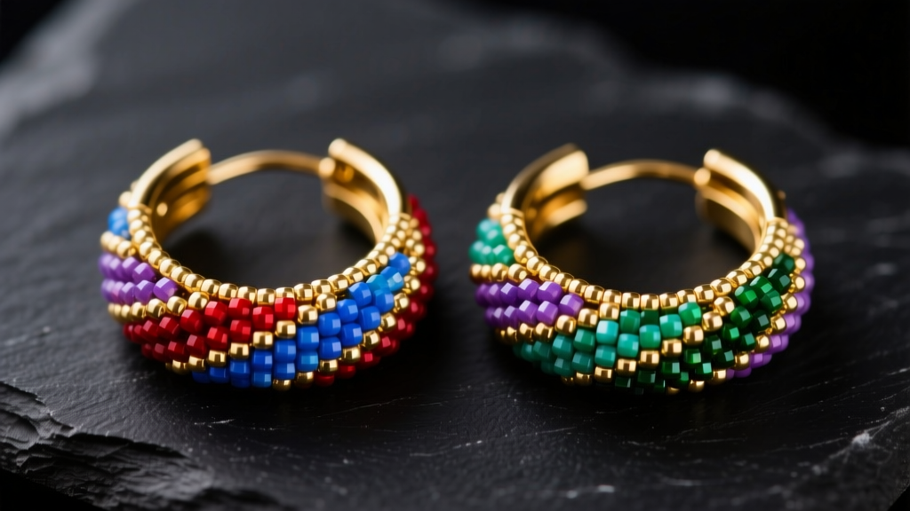 Macro shot of gold earring beading hoops wrapped with vibrant Miyuki seed beads on dark slate, soft studio lighting, high detail.