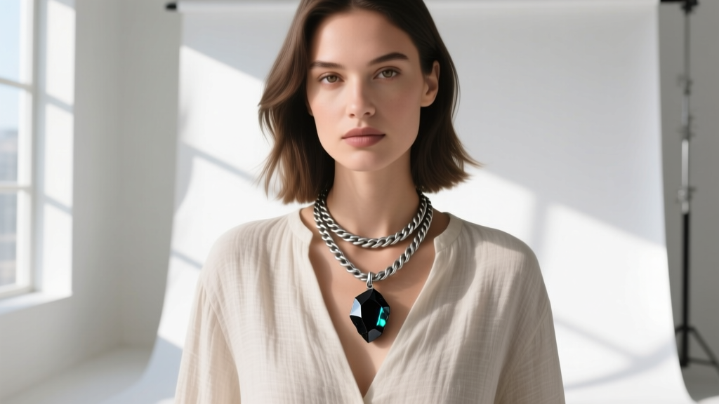 Model wearing a layered necklace with a raw black tourmaline pendant on a thick silver rope chain over a neutral linen blouse.