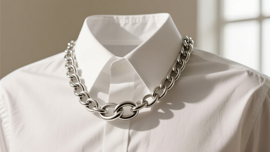 Close-up of a 36 inch sterling silver chain styled in a loose double-loop knot over a crisp white button-down collared shirt