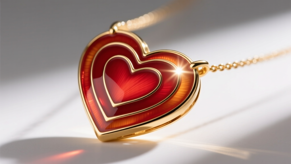 Close-up of an 18k gold red heart necklace showing layered depth of translucent vitreous enamel catching a single beam of light