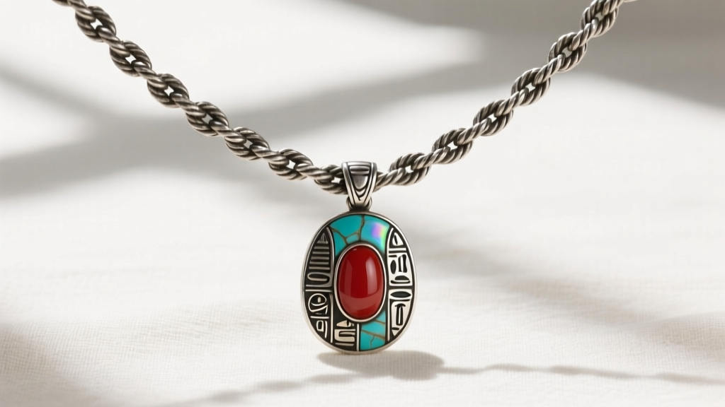 20-inch oxidized sterling silver rope chain threading through a carnelian and faience kohl amulet, photographed against linen.