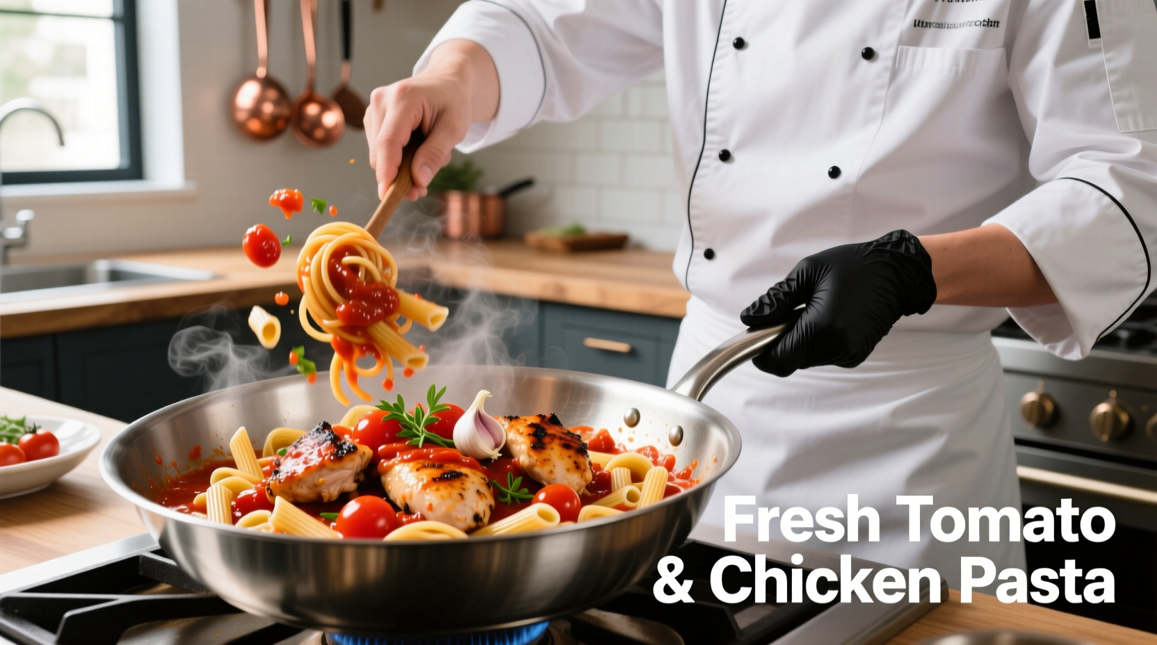 Chef preparing chicken pasta with fresh tomato sauce