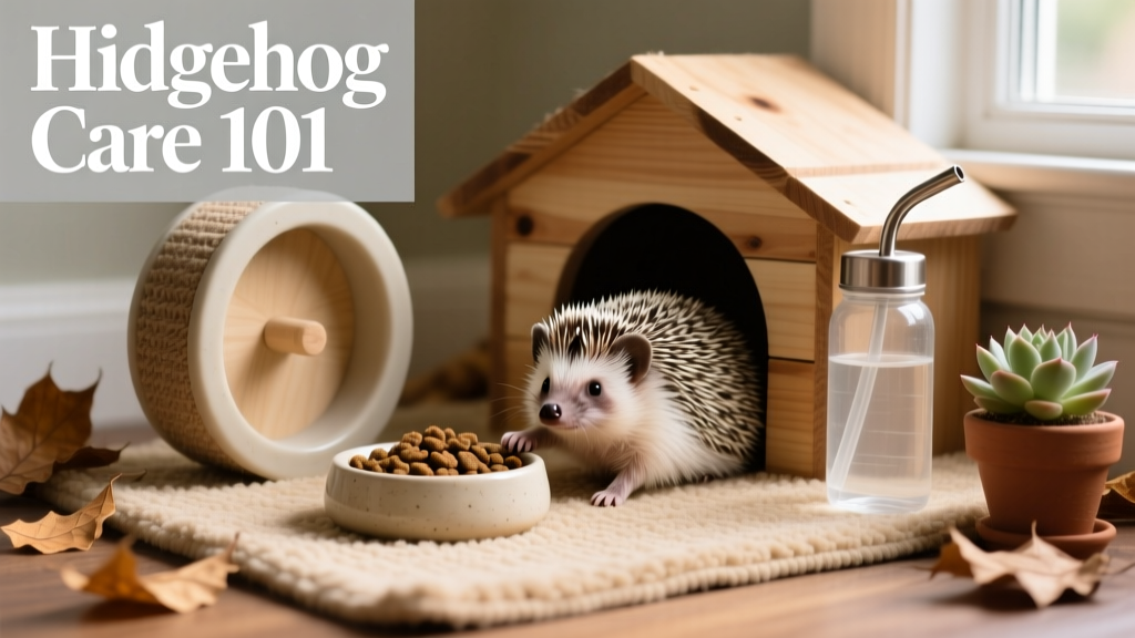 Well-set-up hedgehog enclosure with hideout, solid-surface wheel, food dish, and water bottle