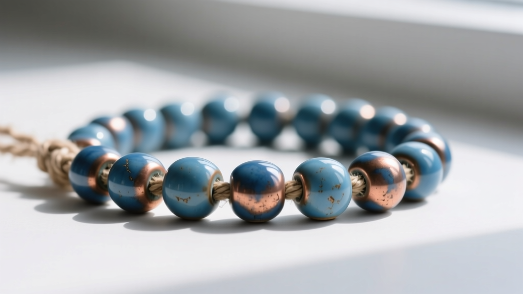 Detailed view of blue faience beads strung on linen thread, highlighting the glossy copper glaze and slight surface wear.
