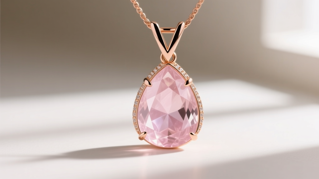Close-up of a pear-cut rose quartz pendant in an 18k rose gold V-prong setting, showing metal protecting the delicate stone tip.