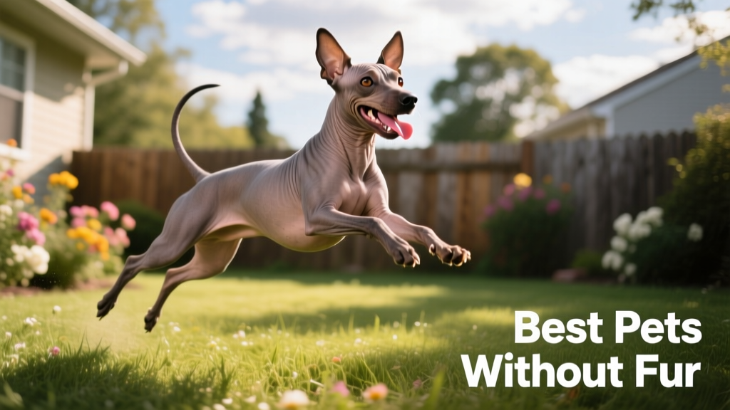A playful American Hairless Terrier mid-leap in a grassy yard, showing off its muscular build and expressive, joyful face
