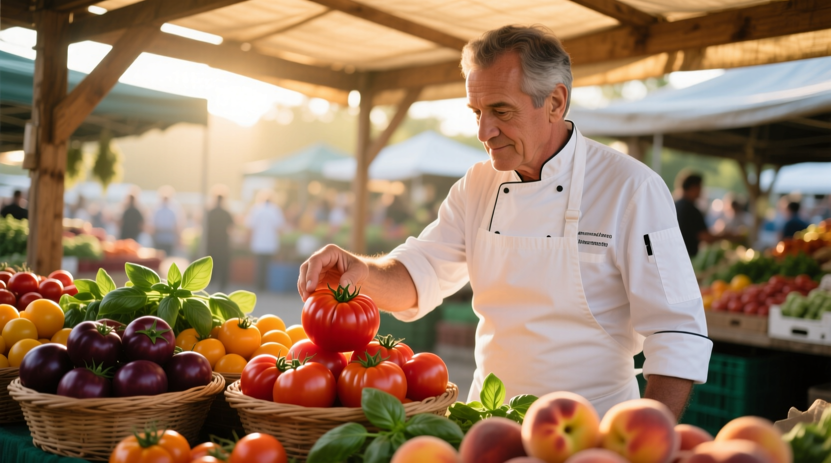 Chef selecting ripe tomatoes at farmers market