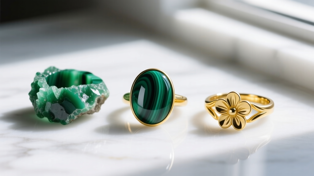 Flat-lay of three malachite stone jewelry rings on marble: a raw edge, a polished cabochon, and a carved floral motif in 14k yellow gold.