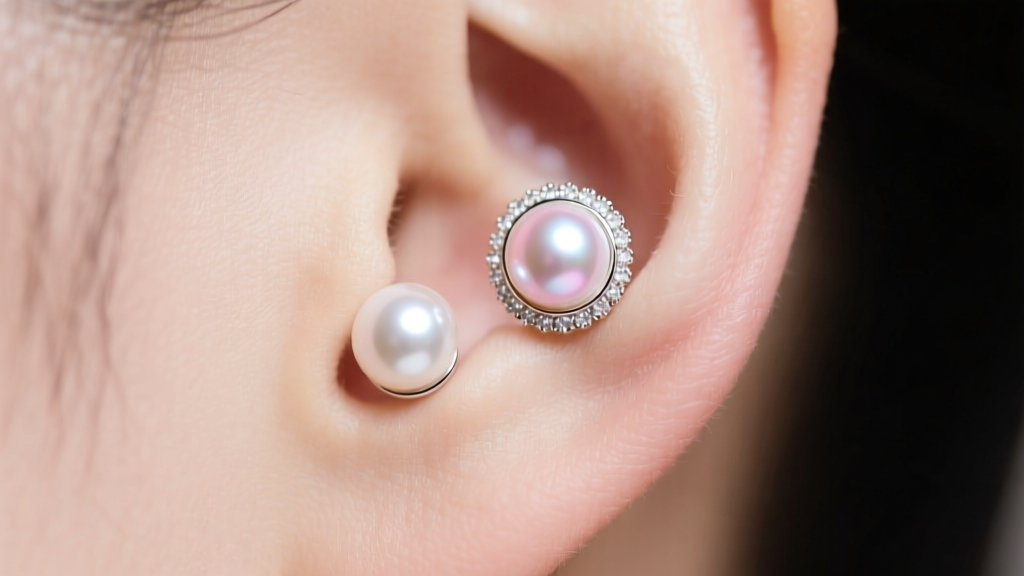 Macro shot of front back pearl earrings on a lobe, showing a 6mm Akoya stud and 10mm pearl jacket under soft studio lighting