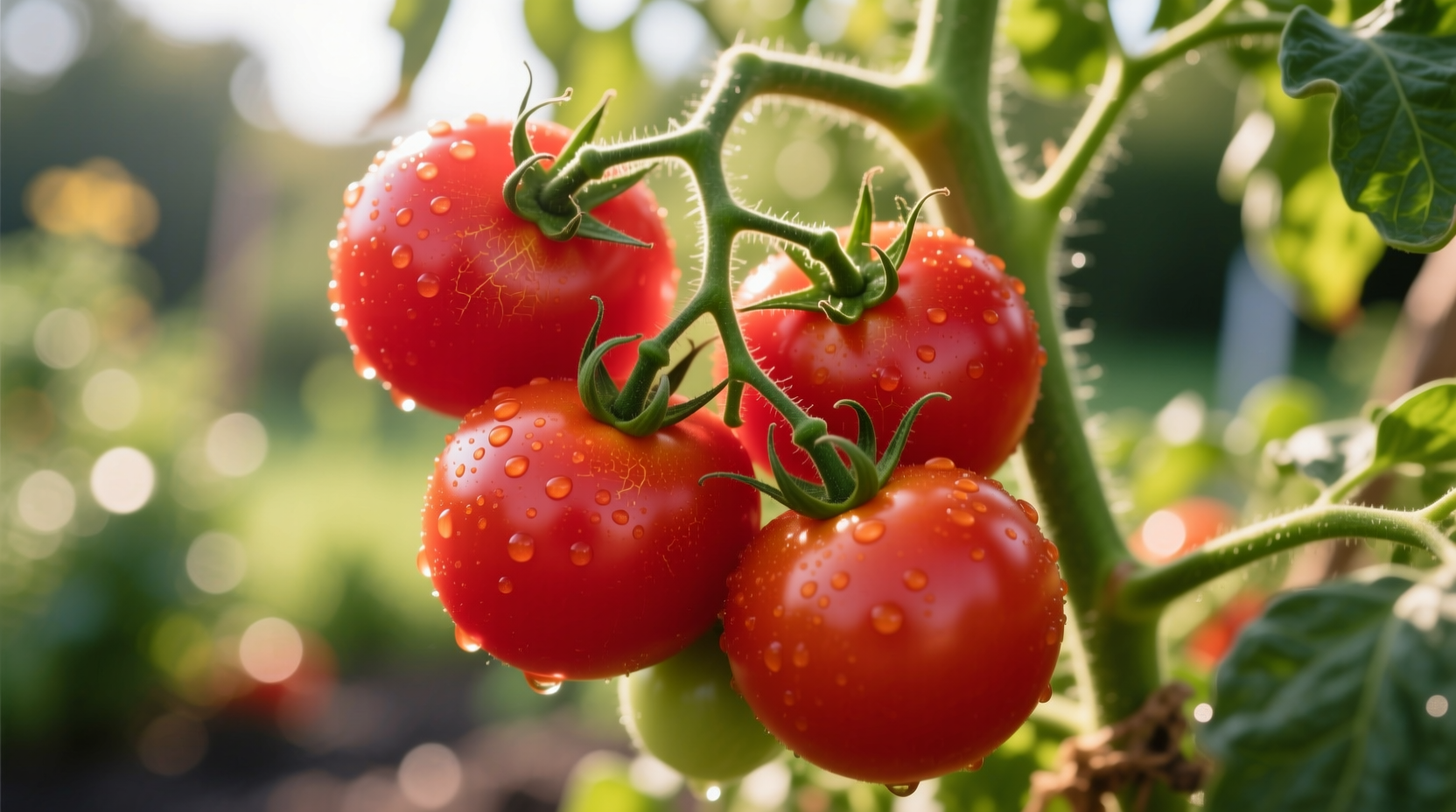 Fresh red tomatoes on vine showing natural lycopene development