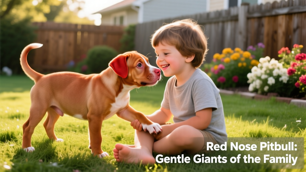 Red Nose Pitbull puppy playing gently with a child in a sunlit backyard, illustrating their gentle, family-oriented nature
