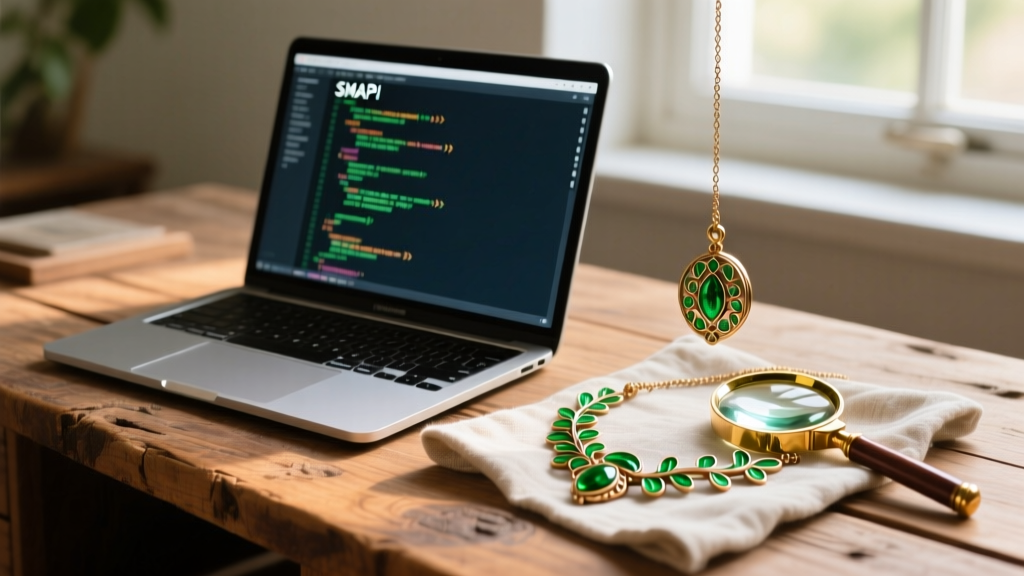 Rustic desk with laptop showing SMAPI code beside a vintage brass pendant necklace with green enamel vines and a magnifying glass