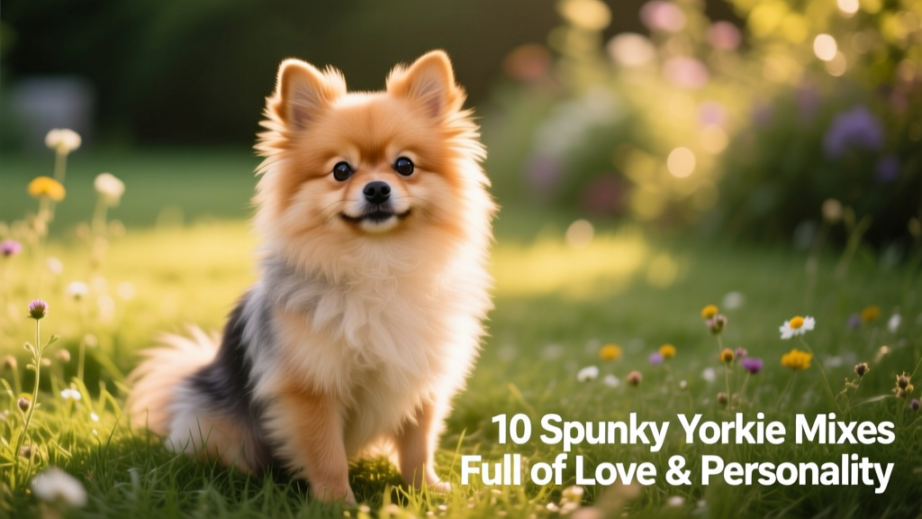 Yorkie-Pom, Pomeranian Yorkie mix, sitting in grass