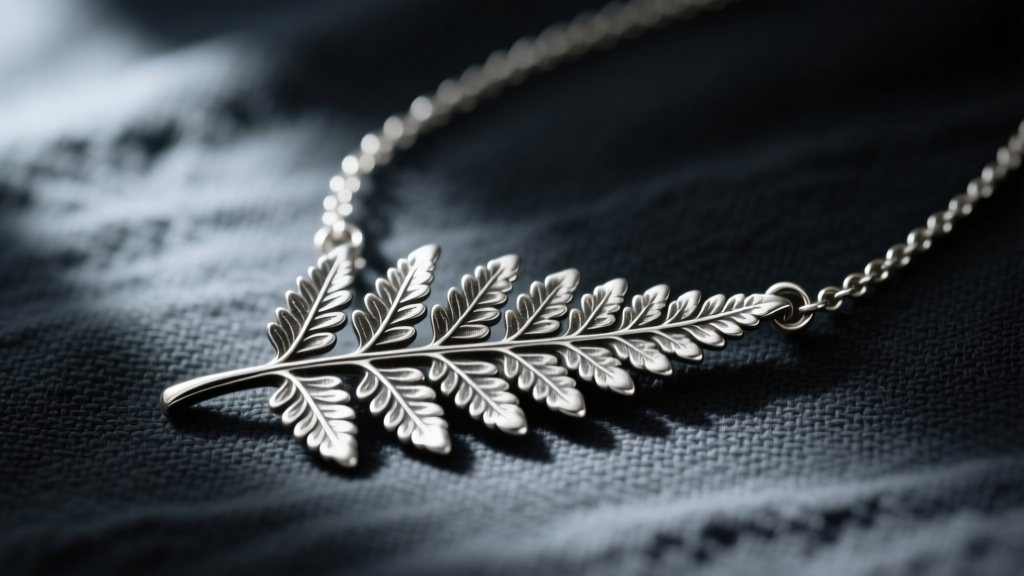Close-up of an oxidized sterling silver botanical necklace featuring a detailed cast fern leaf resting on dark linen fabric