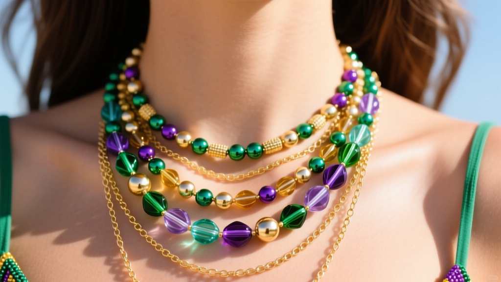 Woman wearing layered necklaces with upgraded glass Mardi Gras beads mixed with delicate gold chains in bright natural sunlight.