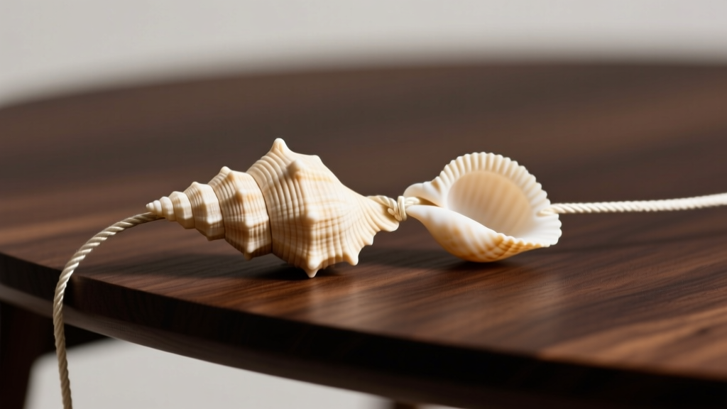 Macro shot of puka shells on a nylon cord, showing the organic cone shape and texture of cream shells on a dark wooden table.