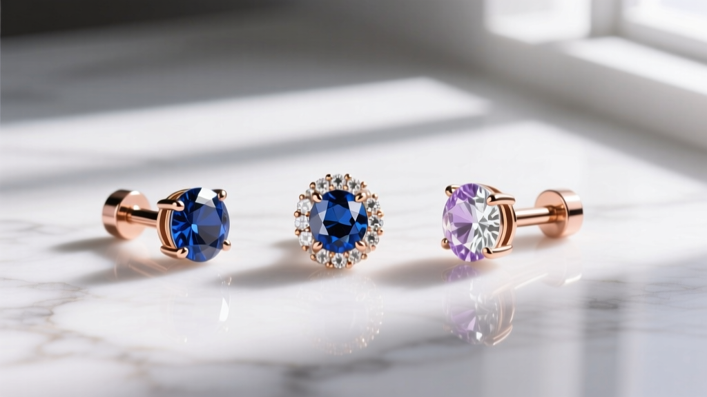Flat lay of three threadless gem ends in rose gold on a white marble surface, featuring bezel-set sapphires and prong-set stones.