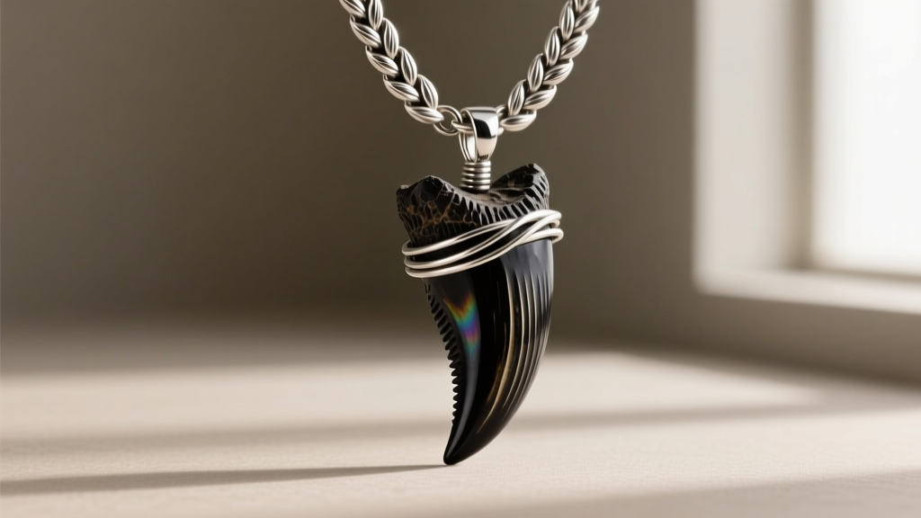 Heavy sterling silver wheat chain threaded through a custom stainless steel wire-wrapped bail holding a large dark fossil tooth.