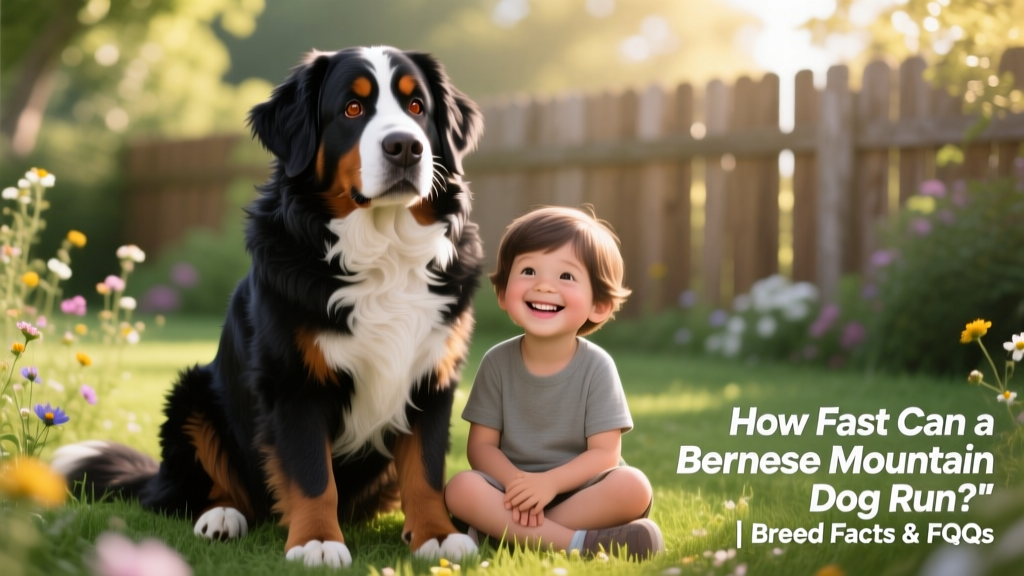 A Bernese Mountain Dog sitting patiently beside a child while both smile at the camera