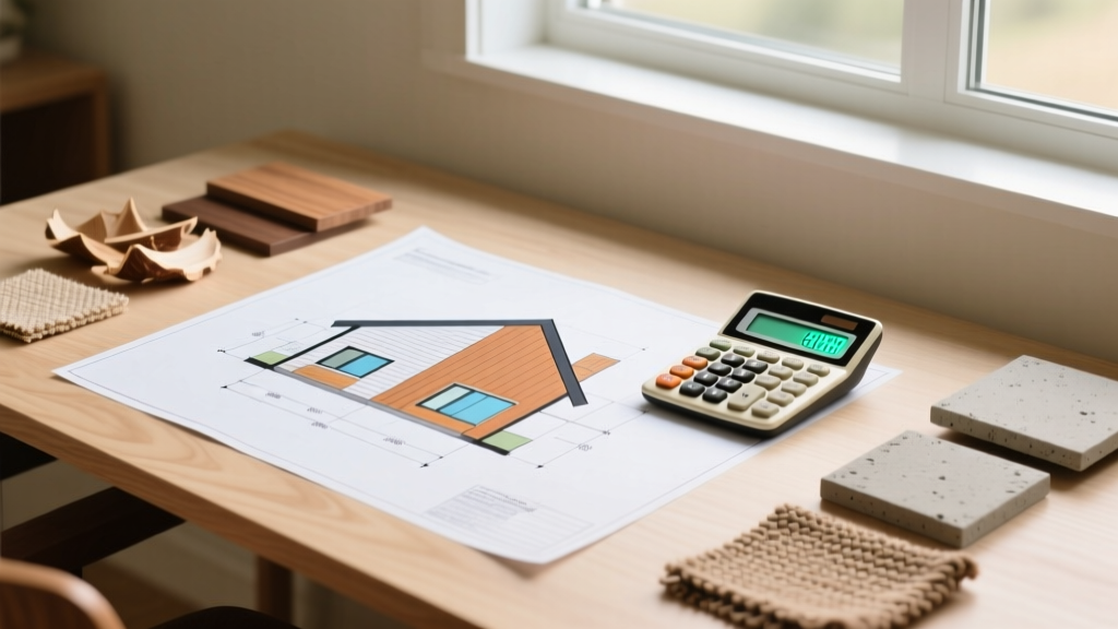 Architectural blueprints for a compact two-bedroom modern farmhouse spread over a wooden desk alongside a calculator and material samples