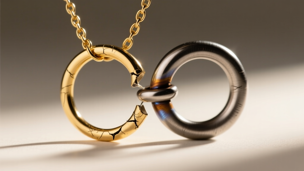 Loupe view of a broken 1.2mm necklace jump ring replaced with a thicker, soldered 2.0mm stainless steel split ring.