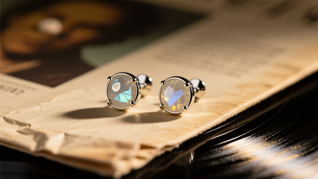 Close-up of 18-gauge sterling silver studs with raw moonstone gems resting on a vintage vinyl record sleeve in warm, moody lighting