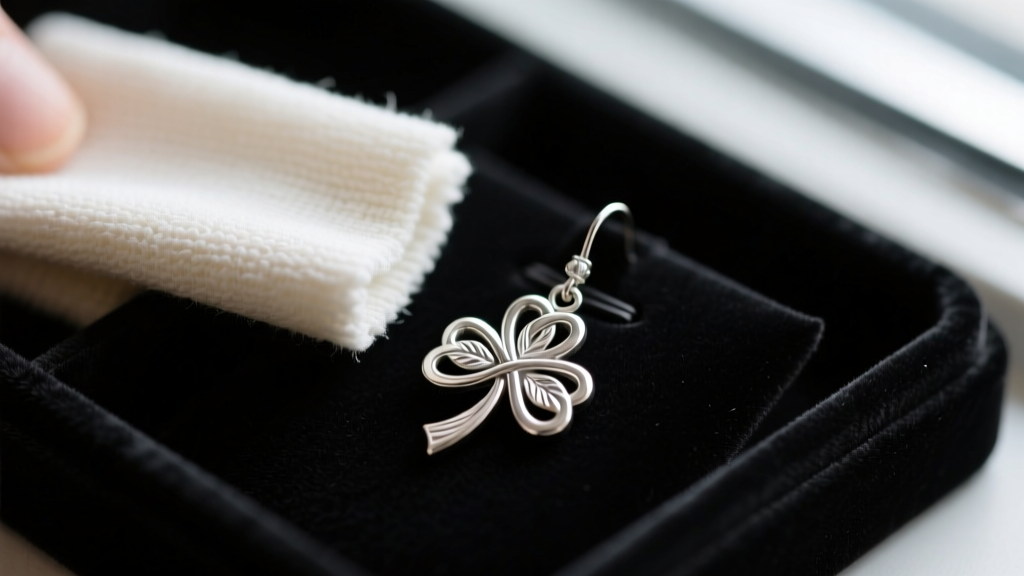 Soft microfiber polishing cloth gently buffing a tarnished sterling silver shamrock drop earring on a dark velvet jewelry tray.