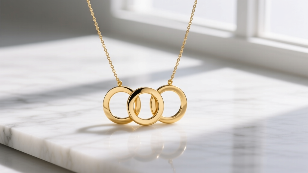 Three interlocking 14k yellow gold circle pendants on white marble, highlighting a modern minimalist trio necklace in soft light