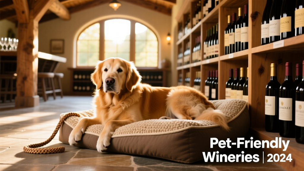 A golden retriever lying comfortably on a dog bed inside a cozy, sunlit tasting room with wine bottles on shelves nearby