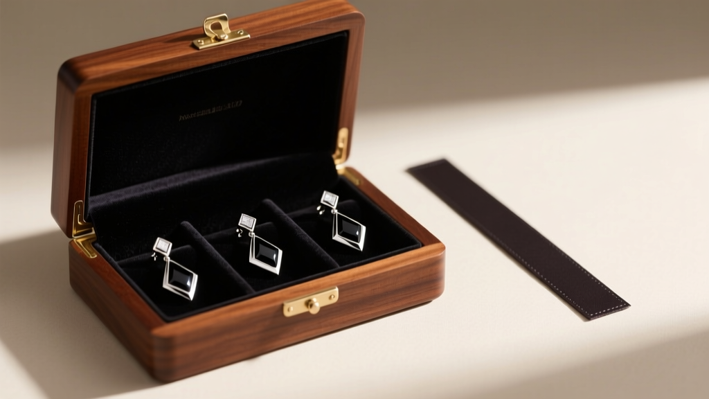 Open mahogany jewelry box showing velvet slots containing silver black onyx dangle earrings, alongside a dark anti-tarnish strip.