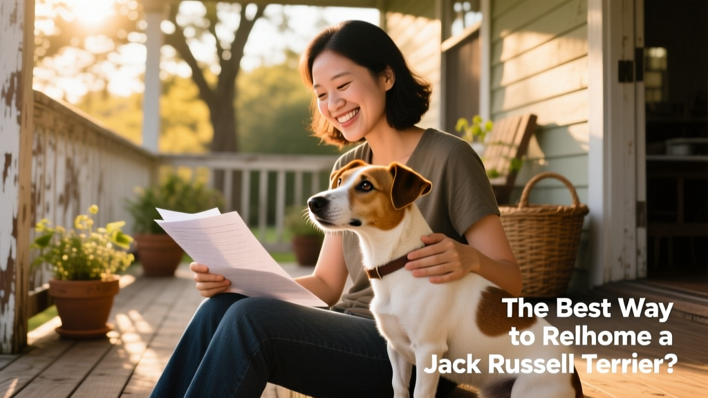 A person sitting on a porch with their Jack Russell Terrier, smiling while reviewing adoption paperwork together
