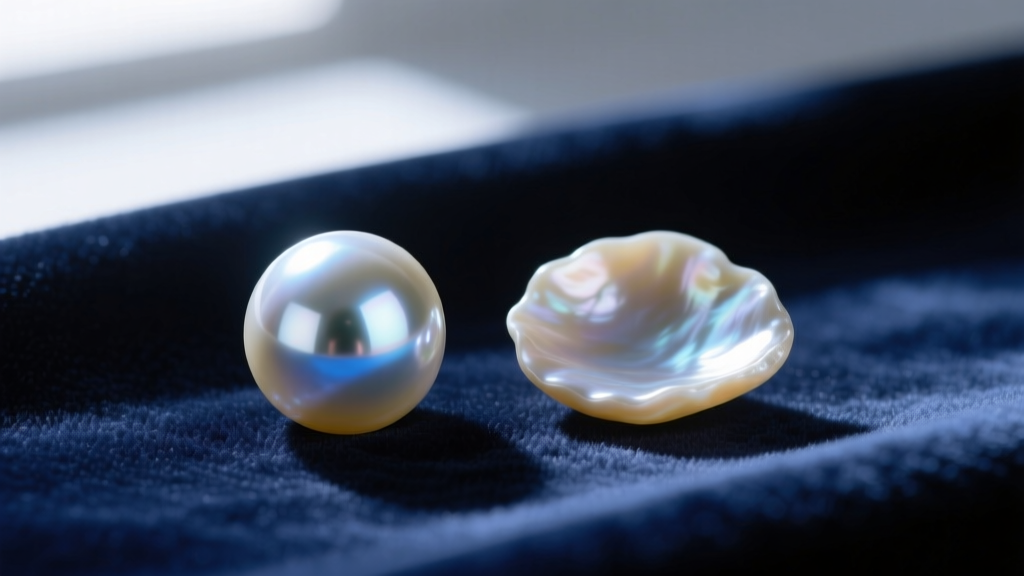 Macro photography comparing a round 8mm Akoya pearl with mirror luster next to an irregular baroque freshwater pearl on velvet.