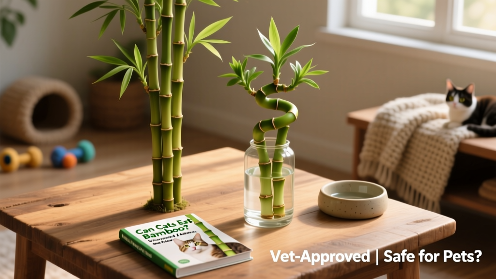 Side-by-side comparison: true bamboo (tall, woody stalks with narrow leaves) next to lucky bamboo (thick, curved stems with whorled leaves in a vase of water)